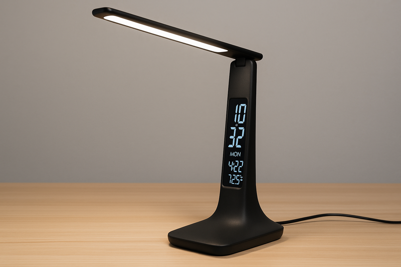 An LED desk lamp with a bright, clear LCD screen showing the time, date, and temperature