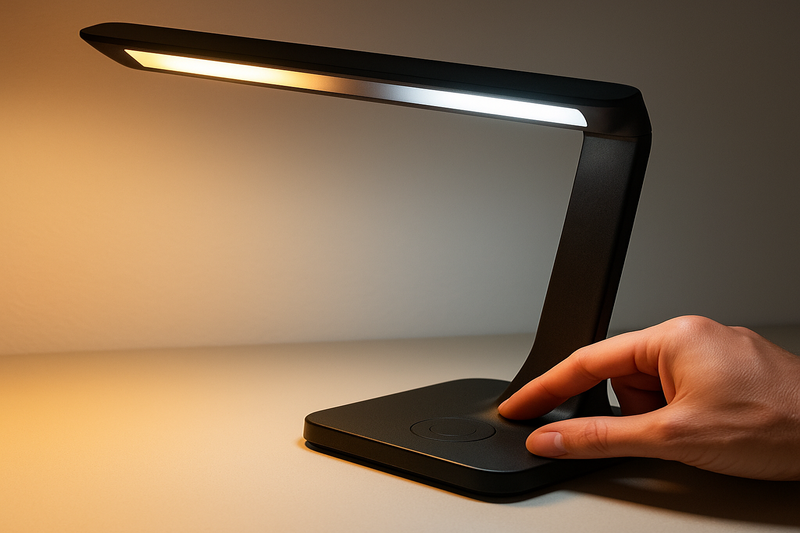 Hand adjusting the color temperature of an LED desk lamp, showing the light shift from warm yellow to cool white