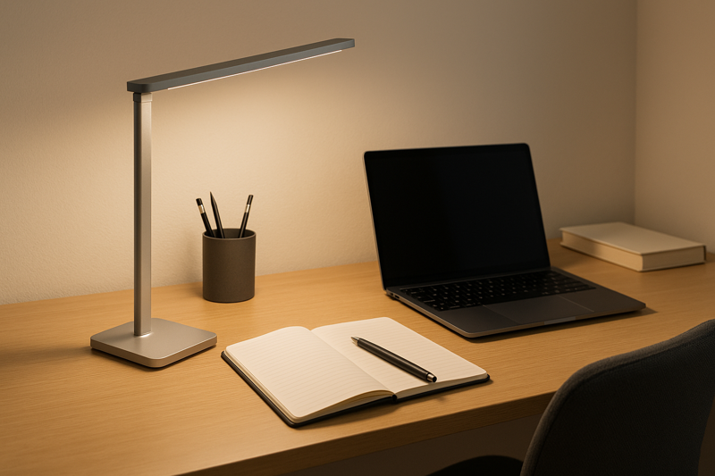 An inviting and productive workspace featuring a modern LED desk lamp casting perfect, customized light over a tidy desk
