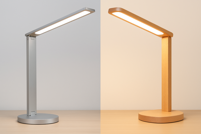 A split image showing a sleek aluminum desk lamp on one side and a warm beech wood lamp on the other