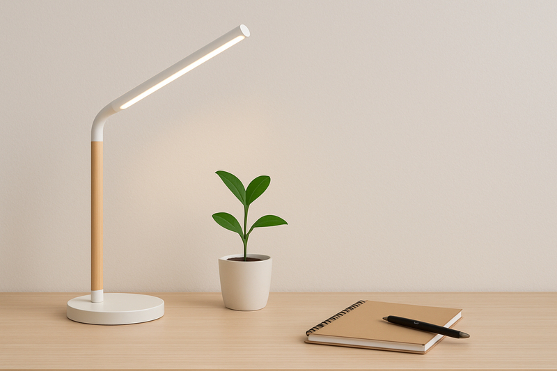 A minimalist desk setup featuring a white and wood LED lamp next to a single plant and a notebook