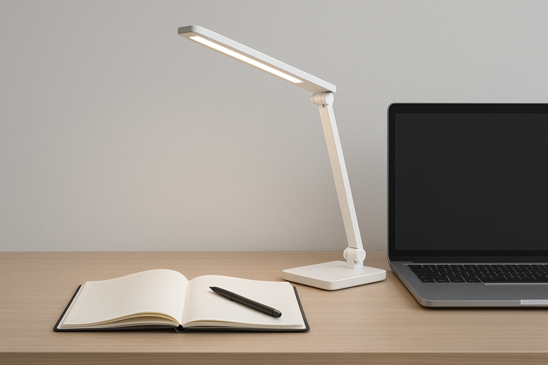A desk lamp with its arm and head angled to light up a notebook, avoiding glare on a nearby computer screen