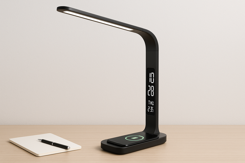 A sleek, modern desk with a multi-functional LED lamp wirelessly charging a phone and displaying the time