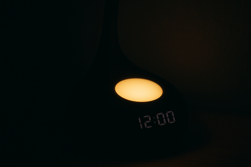 A close-up of a lamp's base in a dark room, showing a very dimly lit display and a soft night light glowing