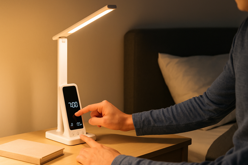 A person setting the alarm on their smart desk lamp's digital display before bed