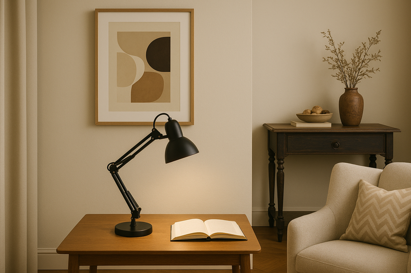 An elegant room showing different decor styles, with a spotlight on a desk lamp that fits in perfectly