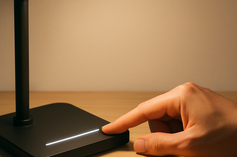 A hand sliding along a touch-sensitive dimmer bar on a lamp base, with the light on the desk getting brighter