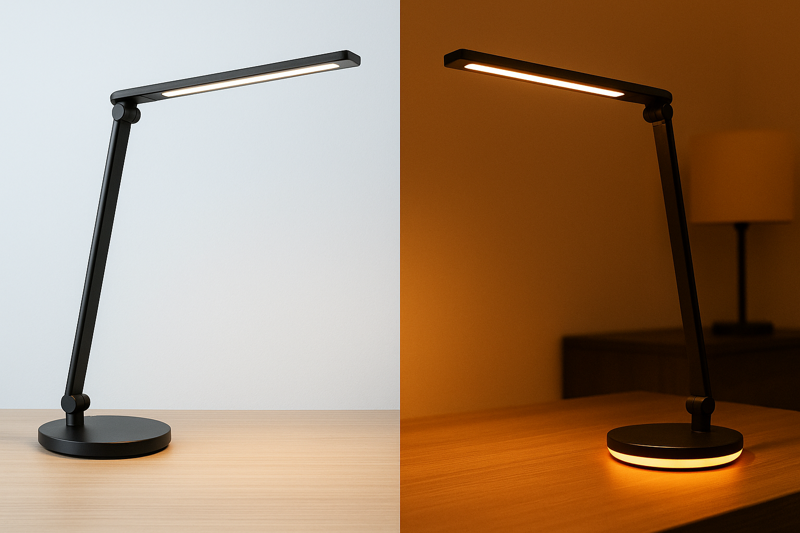 A split image showing a lamp's light matching the room's cool daylight on one side, and casting a warm, contrasting glow in a warmly lit room on the other