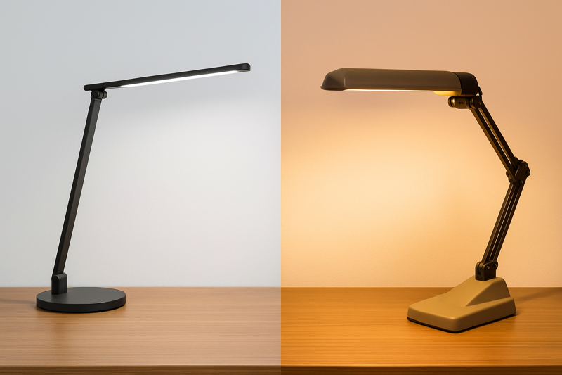 A side-by-side image showing a modern, sleek LED desk lamp next to an old, bulky fluorescent desk lamp, highlighting the technological difference.