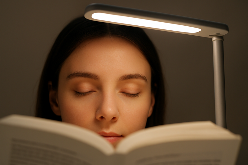 A close-up view of a person's relaxed eyes comfortably reading a book under the soft, even glow of an LED desk lamp.