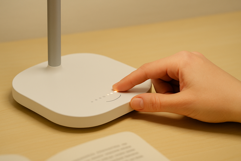A user's hand sliding across a dimmer on an LED lamp's base, intuitively adjusting the brightness from low to high.