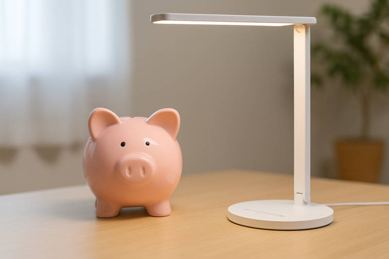 A piggy bank sitting next to an LED lamp, symbolizing the money saved on energy bills and replacement bulbs over time.