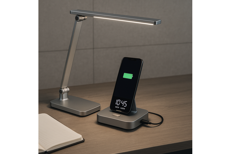 A clean, organized desk where a smartphone is charging on the base of an LED lamp, which also displays the time and date.