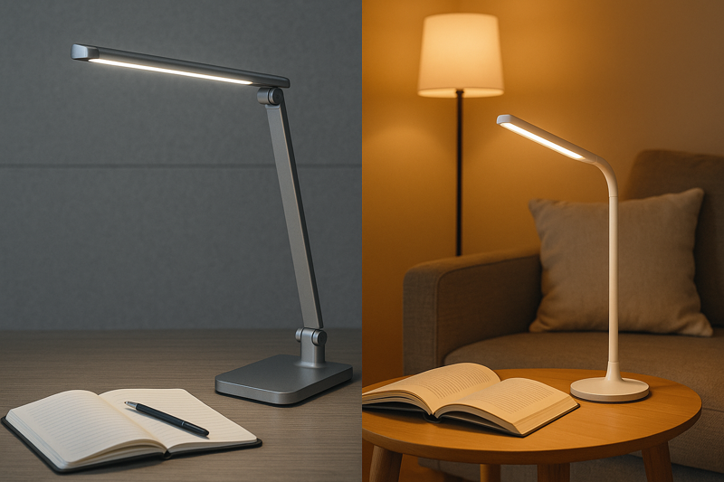 A split-screen image showing a fully-featured stationary lamp on an organized office desk on one side, and a sleek portable lamp on a cozy reading nook on the other