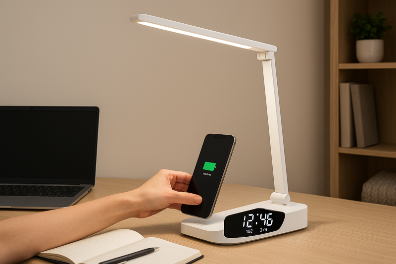 A professional home office desk where a stationary LED lamp is simultaneously illuminating the workspace, charging a phone wirelessly, and displaying the time.