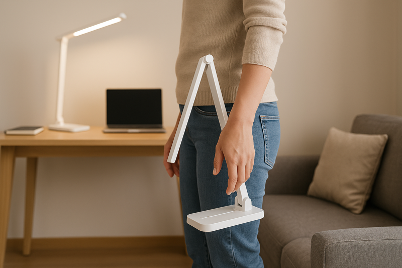 A person carrying a lightweight, folded portable LED lamp from their desk to a living room sofa, showcasing its grab-and-go convenience.