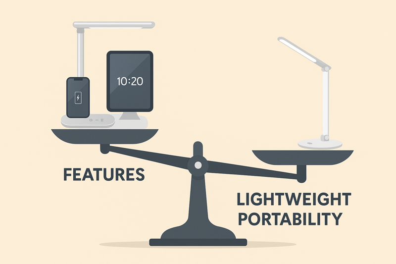 A graphic showing a balancing scale, with a feature-rich stationary lamp on one side and a lightweight, mobile portable lamp on the other, representing the trade-off.
