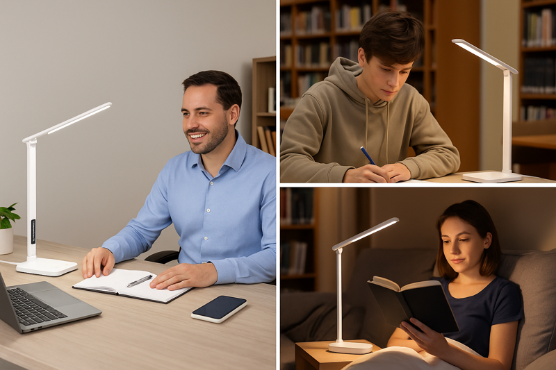 A collage of images: one of a person working happily at a fixed desk with a stationary lamp, another of a student using a portable lamp in a library, and a third of someone reading in bed with a portable lamp.