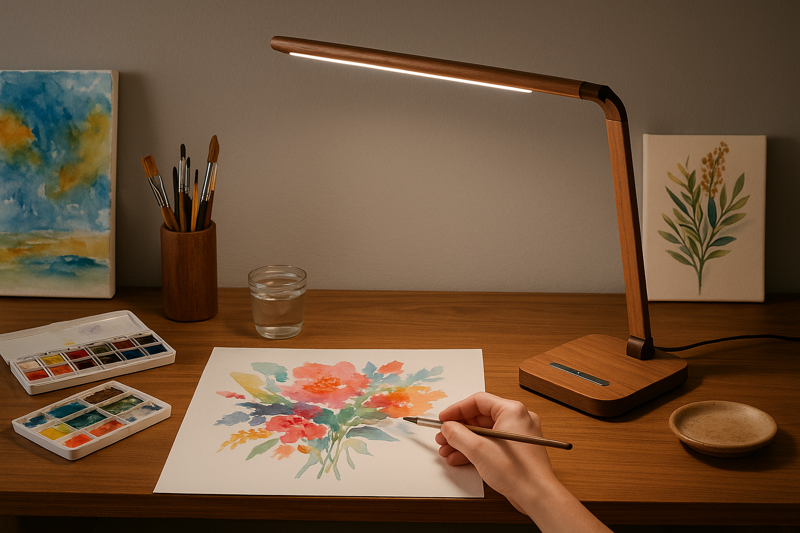 An elegant and inspiring artist's studio desk, where a sleek LED lamp with a wooden finish illuminates a colorful watercolor painting in progress