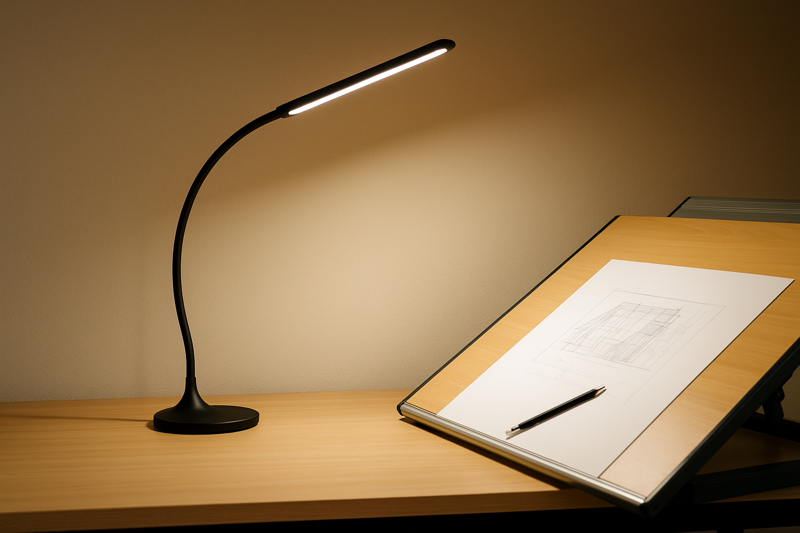 A flexible LED lamp elegantly twisted to cast light perfectly over a large tilted drafting table, with no shadows in sight.