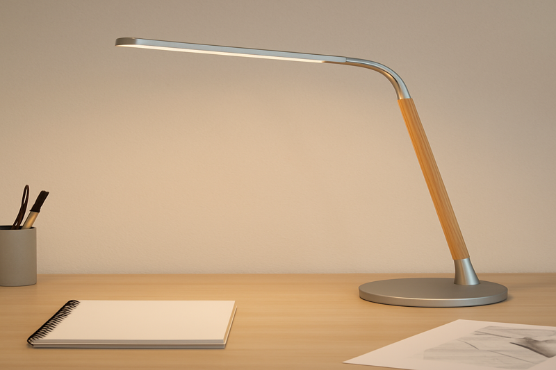 A beautifully crafted LED lamp with a beech wood and aluminum finish sits on a minimalist designer's desk, looking like a piece of art itself.