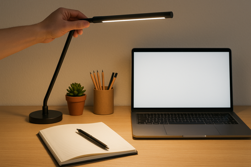 A hand adjusting the flexible arm of an LED desk lamp to direct light onto a notebook, keeping it away from the nearby laptop screen