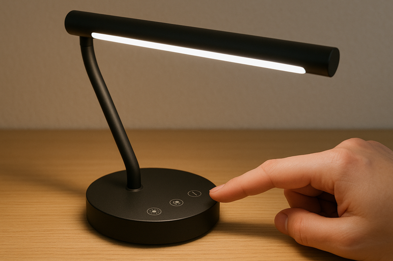A user touching the color temperature icon on a lamp, changing the light from a warm yellow to a cool white