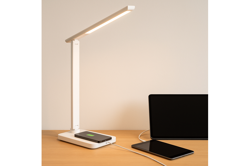 A minimalist desk showing a smartphone charging on the lamp's base and a tablet plugged into its USB port, with no other cables visible