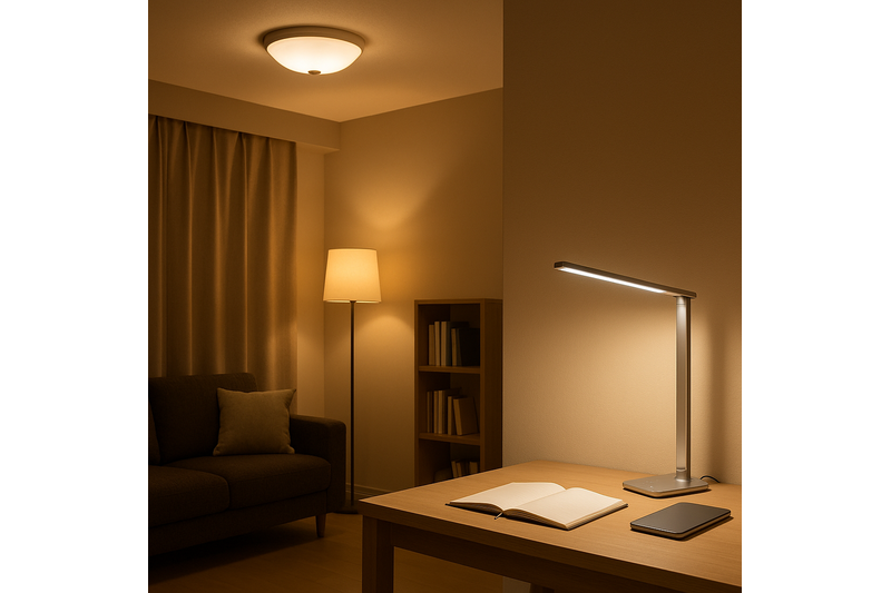 A beautifully lit room showcasing layers of light: a ceiling fixture for ambient light, a floor lamp for accent, and a focused LED desk lamp on a desk