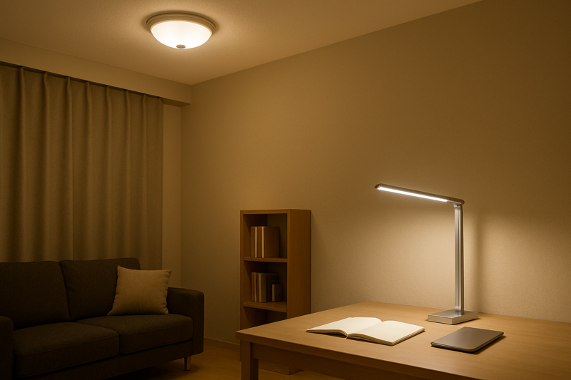 A room with a ceiling light on, where an LED desk lamp is also on, providing a soft, wide pool of light that eliminates shadows on the desk
