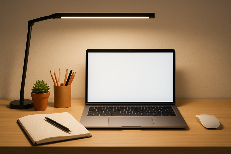 An optimally arranged workspace where an LED desk lamp is perfectly positioned to illuminate a task area without causing screen glare