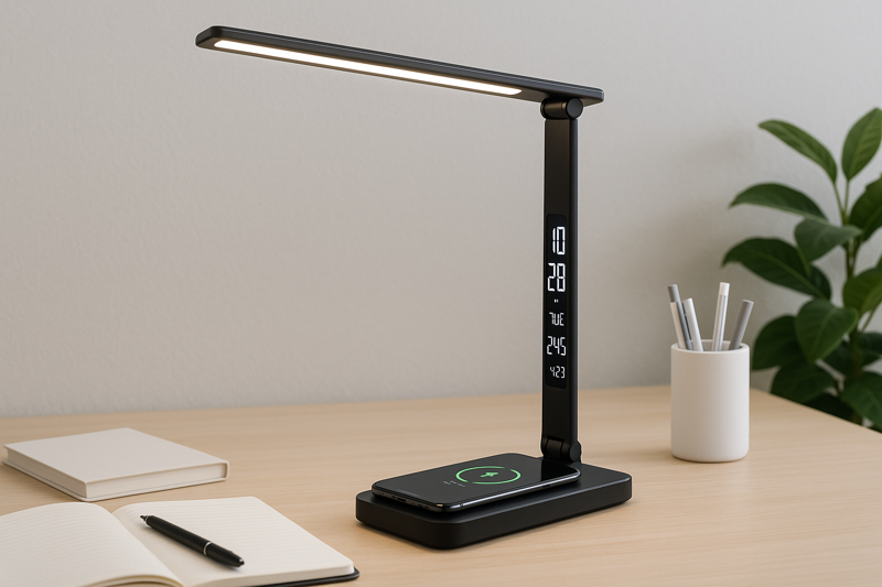 A modern, smart LED desk lamp on a tidy desk, showing its digital display with the time and charging a phone wirelessly