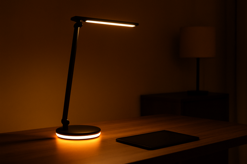 An elegant desk lamp in a dimly lit room, with its base emitting a soft, warm night light glow, creating a cozy ambiance