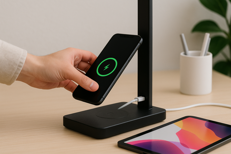 A phone being placed on the base of a desk lamp to begin wireless charging, next to a tablet plugged into the lamp's USB port