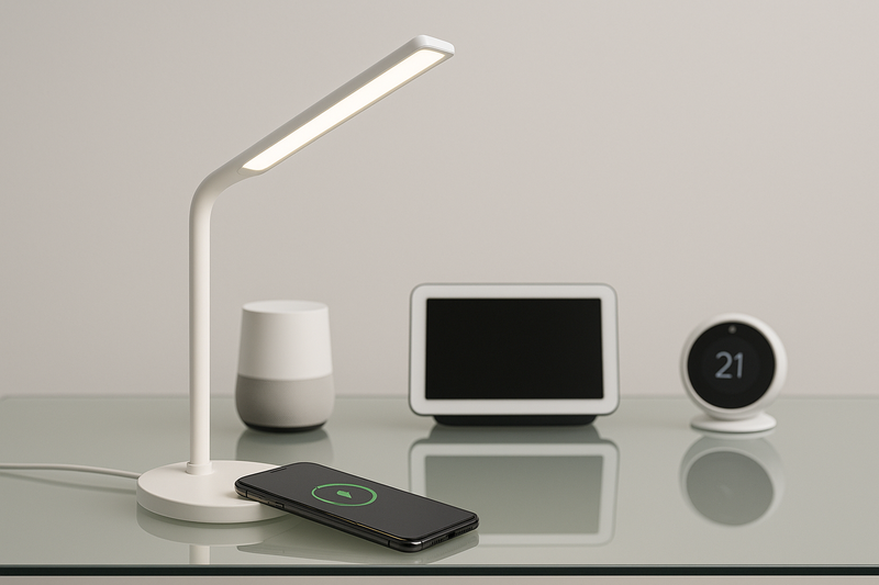 A smart lamp on a modern glass desk, wirelessly charging a smartphone, with other smart home gadgets in the background