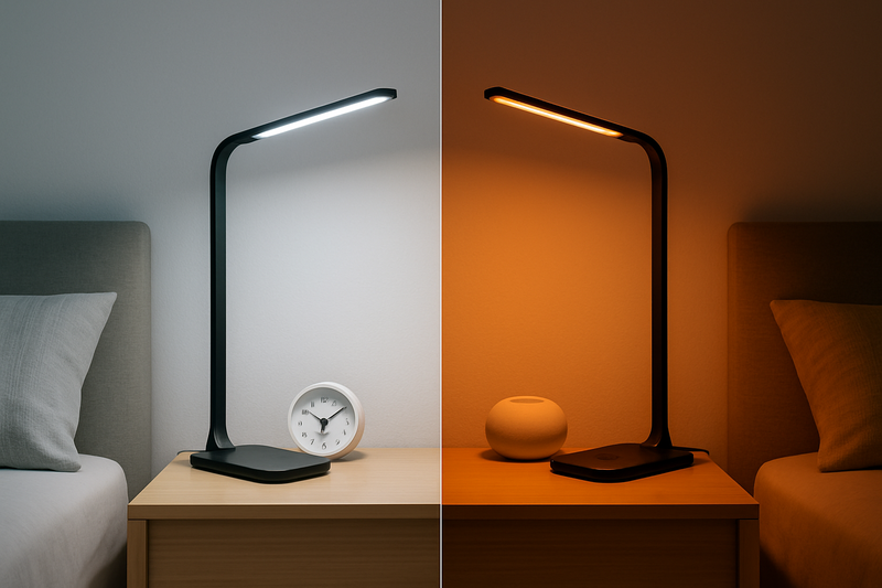 A split-screen image showing the same room, one side lit with cool, bright light and the other with warm, dim light from the same lamp