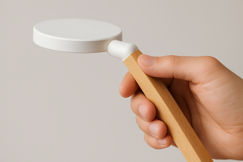 A hand is shown adjusting a desk lamp, with focus on the texture and quality feel of the materials being touched