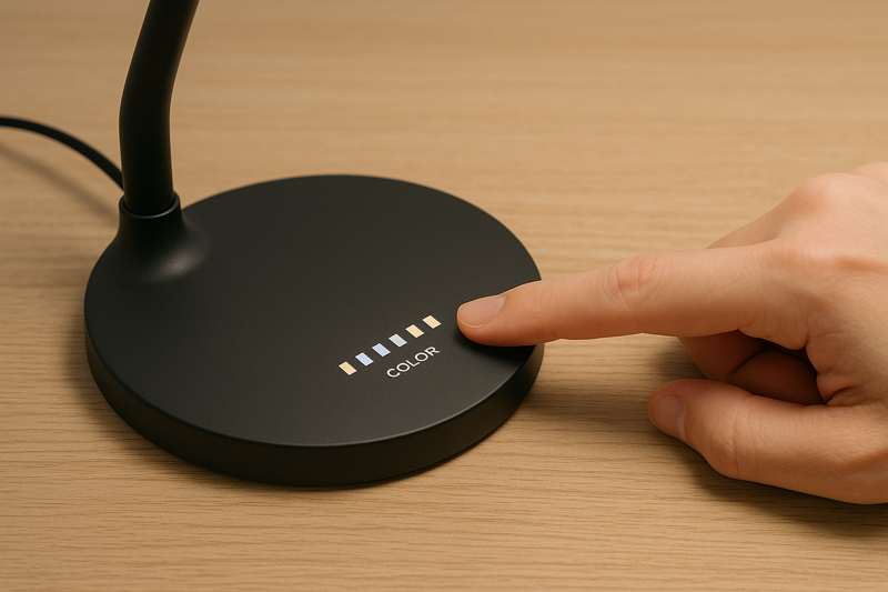 A finger tapping a lamp's control panel to switch between five different color temperature modes