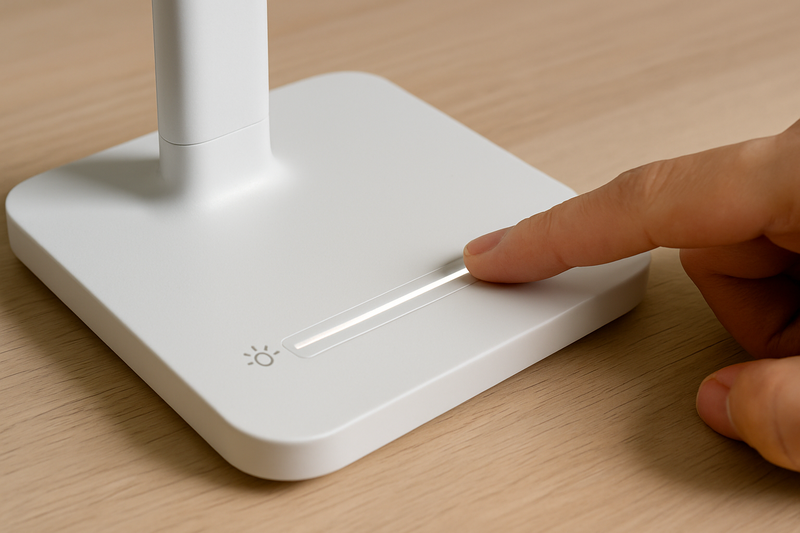 A close-up of a finger sliding along a touch-sensitive dimmer bar on the base of an LED lamp