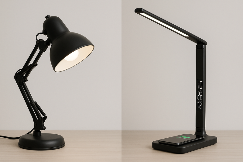 A side-by-side comparison of a clunky, traditional incandescent desk lamp and a sleek, modern, multi-functional LED desk lamp