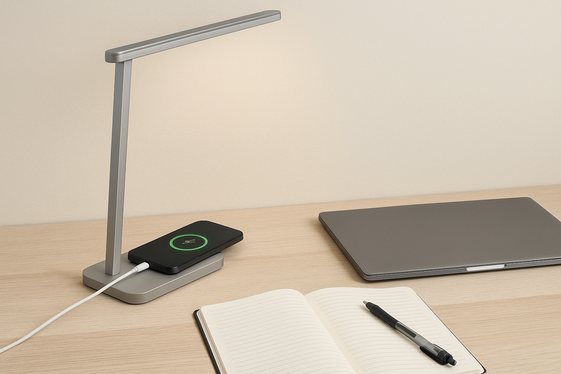 A clean desk where a phone is charging wirelessly on the lamp's base, freeing up space and reducing cable clutter