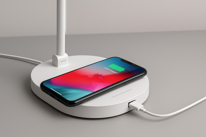 A desk lamp base with a phone charging wirelessly on top, while another device is plugged into its built-in USB port
