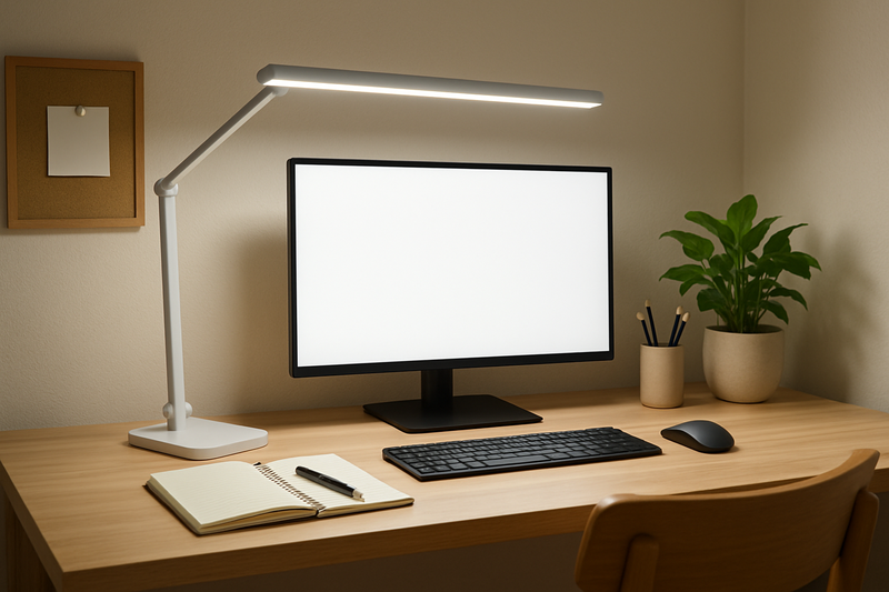 An inviting and productive workspace featuring a modern LED desk lamp casting perfect, customized light over a tidy desk