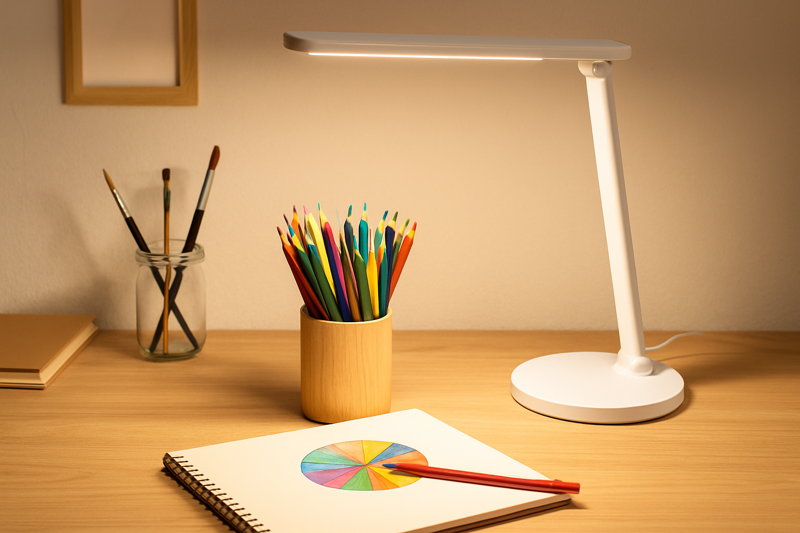 A perfectly lit image of an artist's desk. Under the high-CRI light of an LED lamp, the various colored pencils in a cup show their true, brilliant, and easily distinguishable hues.