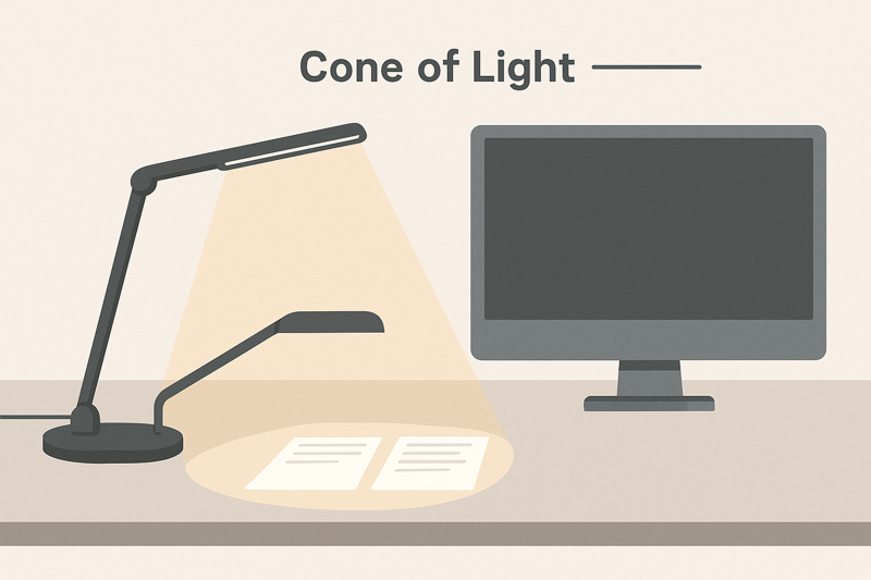An illustration from a side-view perspective, showing a lamp placed beside a monitor. The 