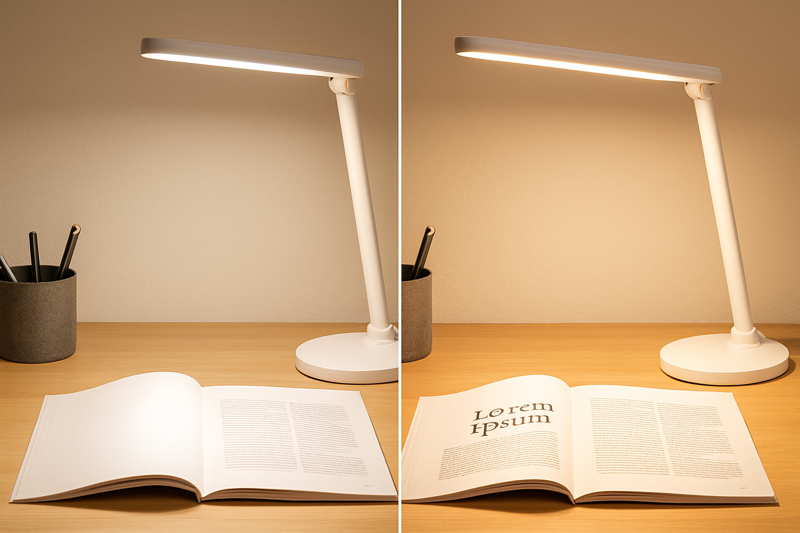 A desk setup is shown in two conditions. On the left, a lamp that is too bright creates a harsh white glare on a magazine page, making it unreadable. On the right, the same lamp has been dimmed to a comfortable level, and the text is perfectly clear and easy to read.