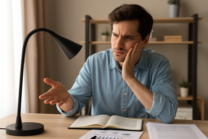 An image of a person looking quizzically at a non-functional, dark LED desk lamp on their desk, which is cluttered with work, conveying a sense of interrupted productivity