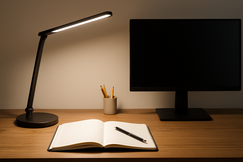 An ideally lit desk showing an adjustable LED lamp placed on the left, casting a perfect pool of light over a notebook, while a nearby computer monitor remains completely free of glare