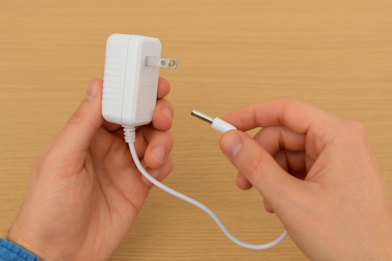 A close-up image showing a person's hands carefully inspecting an LED lamp's AC adapter block and the thin cord leading from it, looking for any signs of damage.