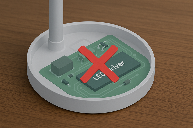 A semi-transparent, illustrative view of the inside of an LED lamp base, showing a circuit board labeled 